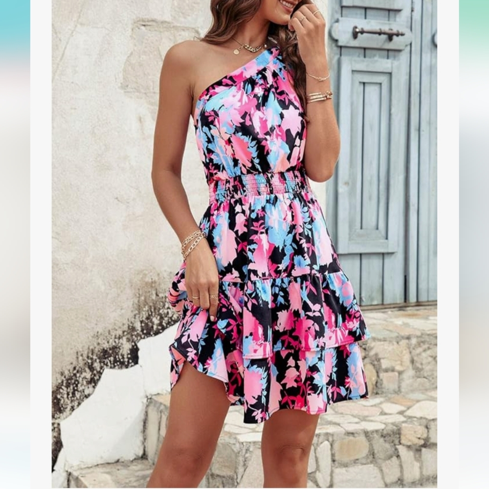 Chic One-Shoulder Floral Dress in Pink and Blue NWT